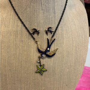 Blue and Gold Bird Necklace and Earring Set by Betsey Johnson.  16” plus 3”.